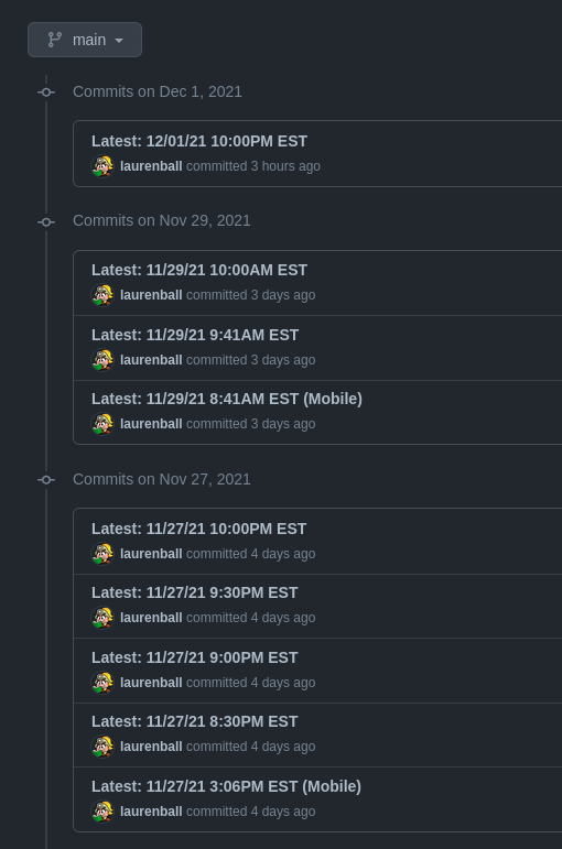 Screenshot of GitHub timestamped commits